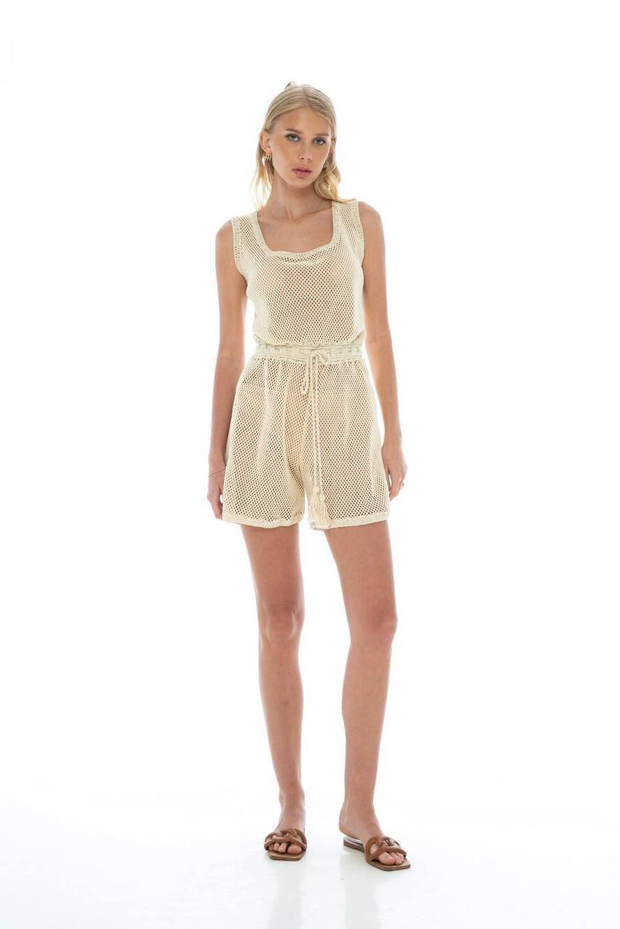 NEW PHIE COLLECTIVE mesh short romper in beige